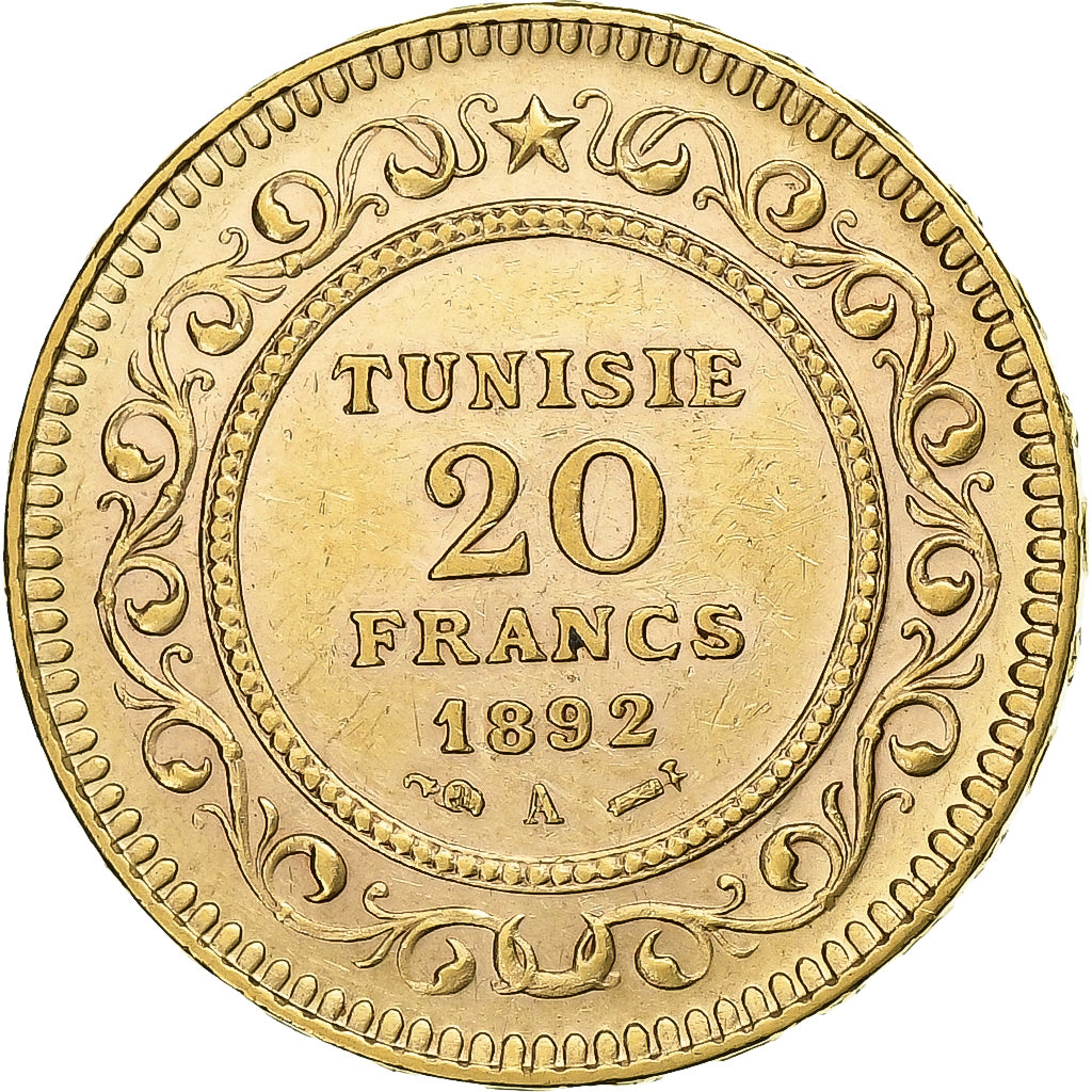 Tunisia, Ali Bey, 20 Francs, 1892/AH1309, Paris, Gold, AU(50-53), Lecompte:444