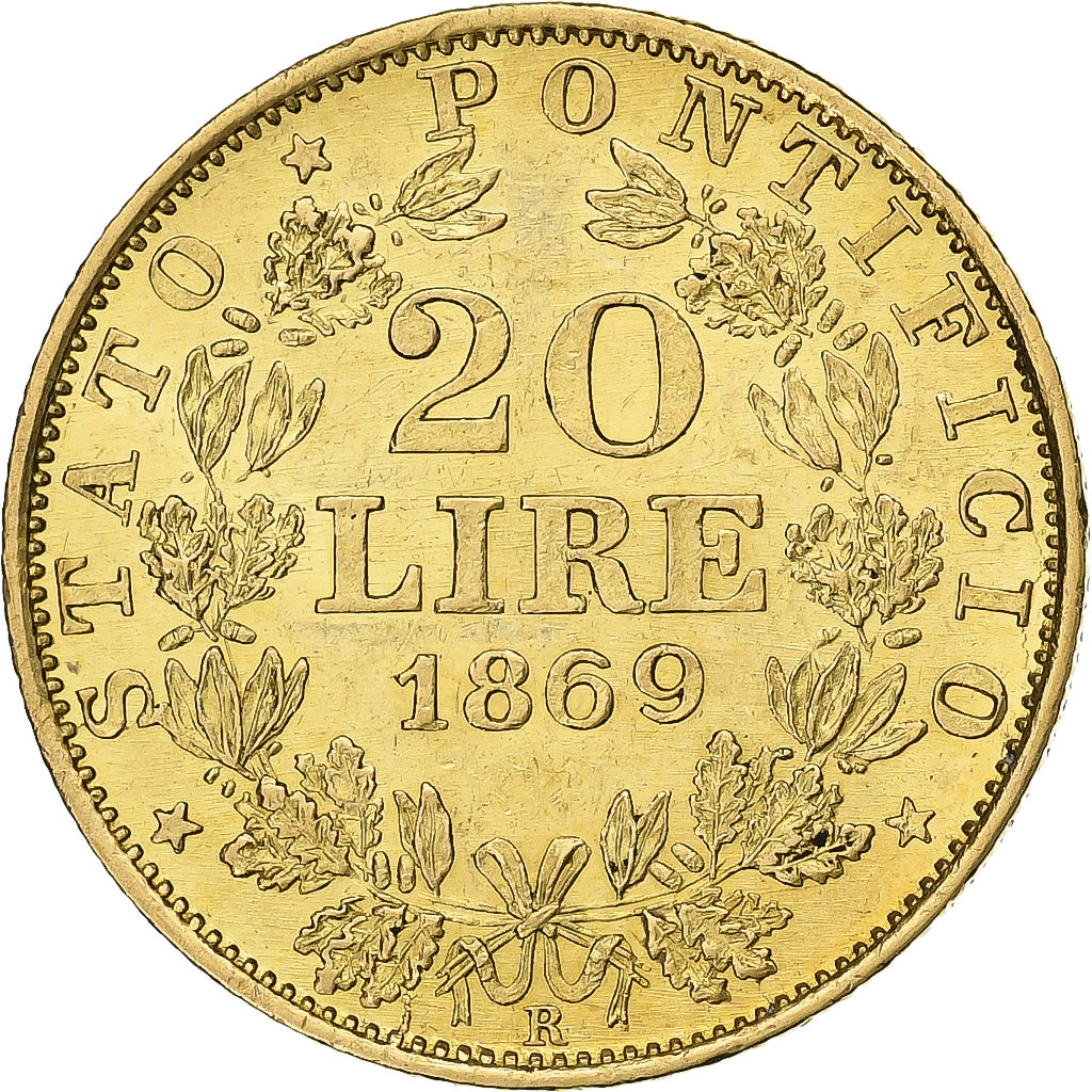 États italiens, PAPAL STATES, Pius IX, 20 Lire, 1869, Rome, Or, TTB+, KM:1382.4