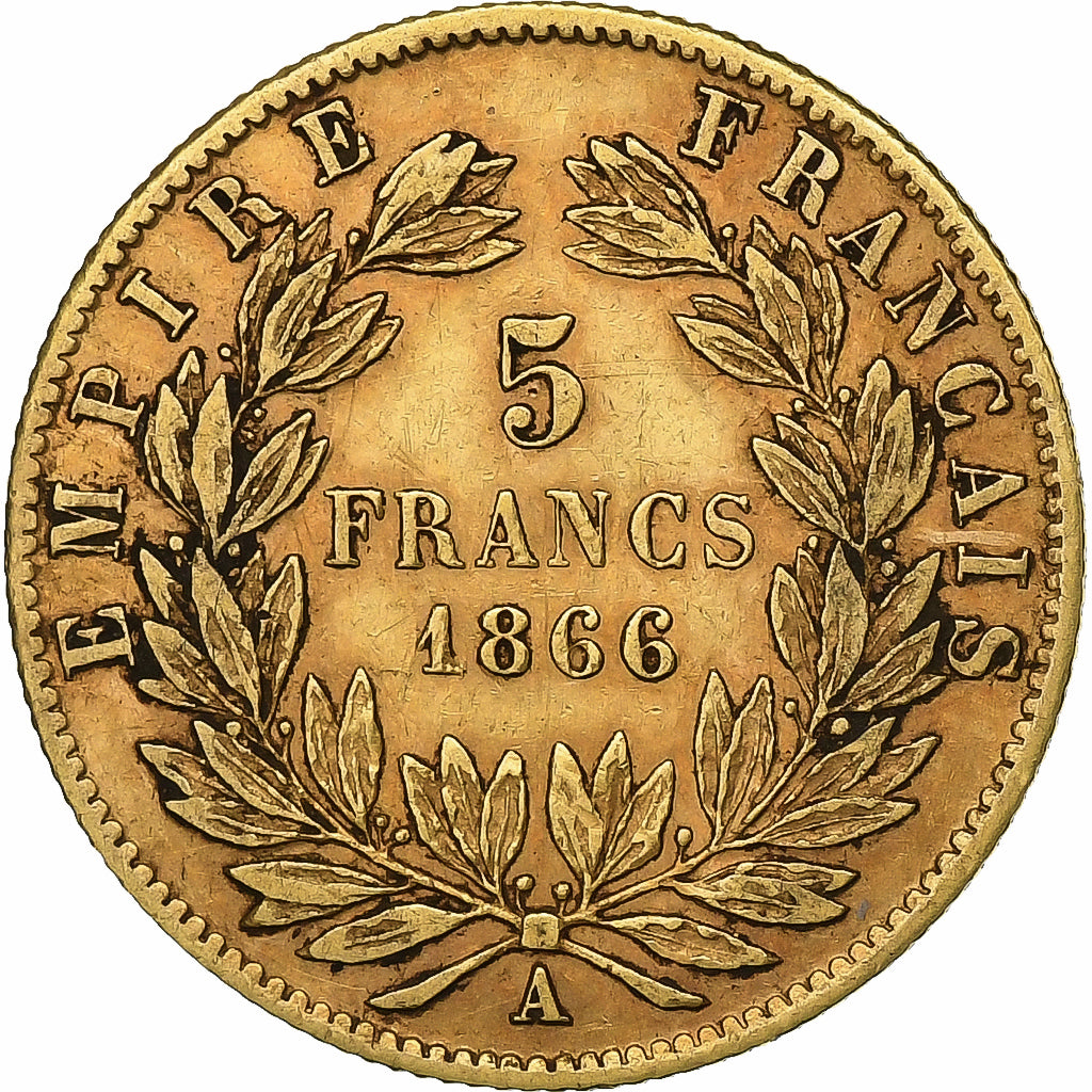 Francia, Napoleon III, 5 Francs, Napoléon III, 1866, Paris, Oro, BC+