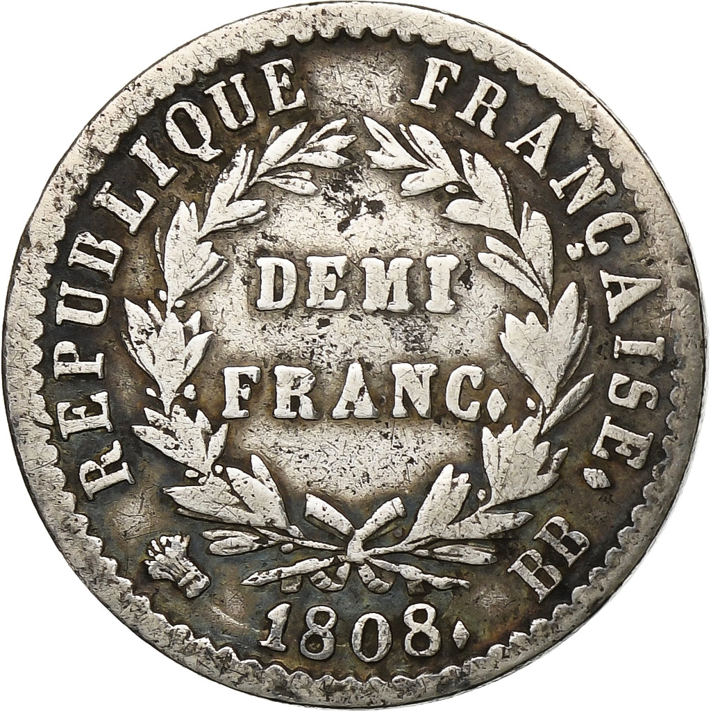 Francia, 1/2 Franc, Napoléon I, 1808, Strasbourg, Argento, MB, Gadoury:398