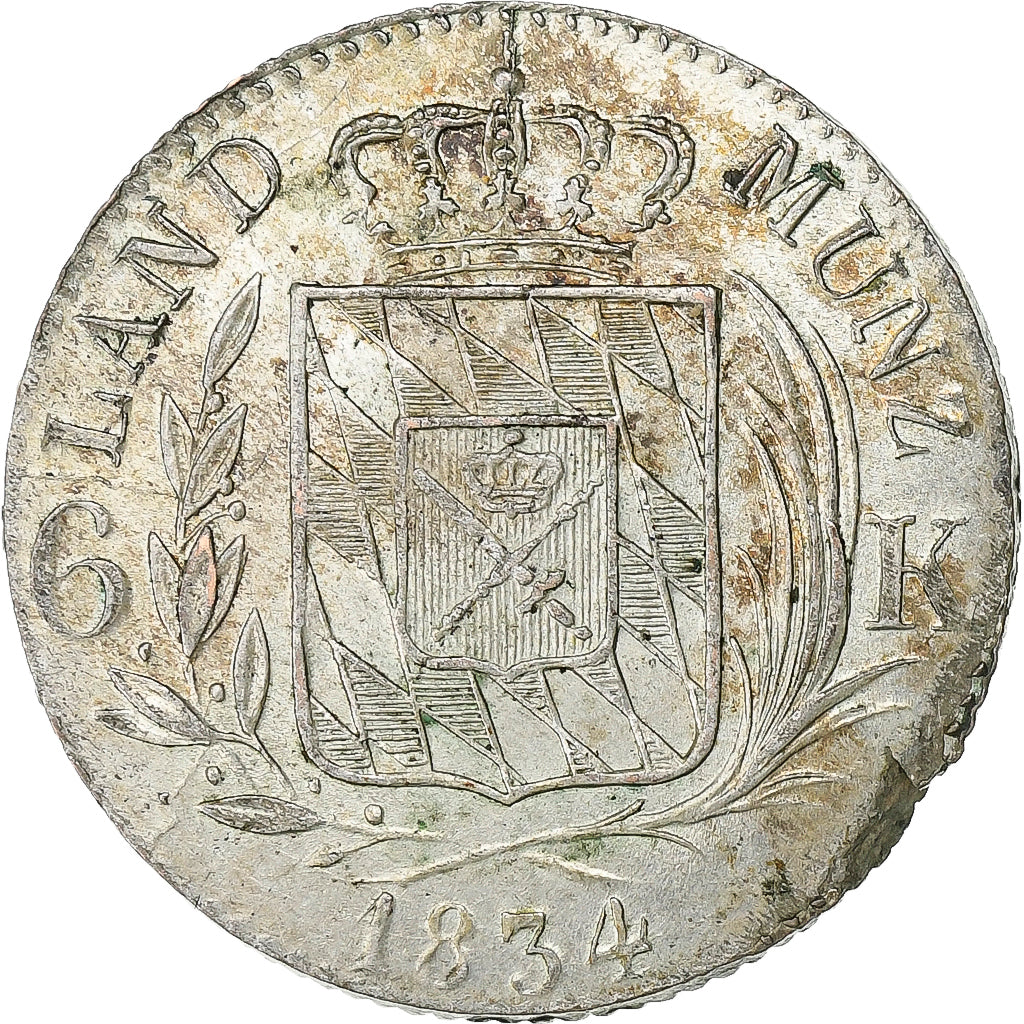 German States, BAVARIA, Ludwig I, 6 Kreuzer, '1834, Munich, Silver, AU(55-58)