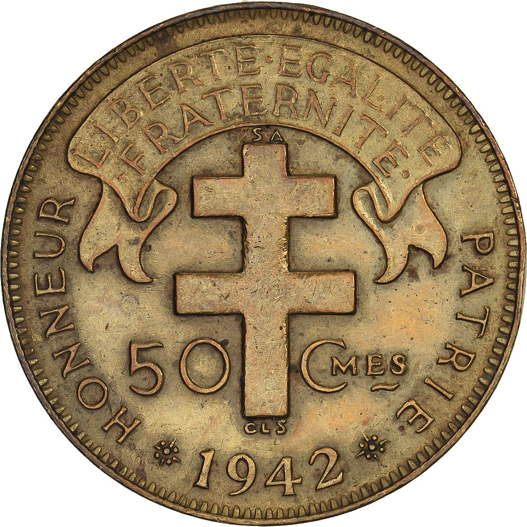 French Equatorial Africa, 50 Centimes, 1942, Pretoria, Brass, VF(30-35), KM:1
