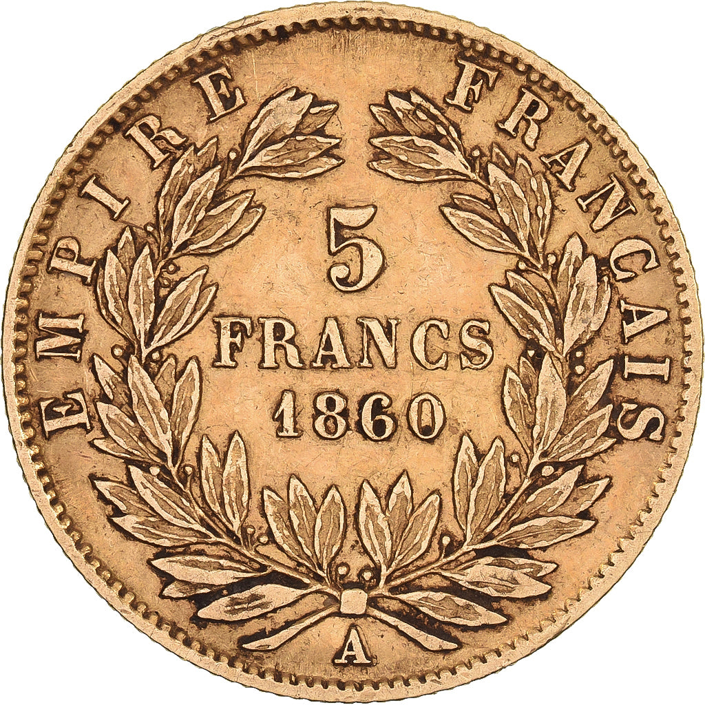 Frankrijk, Napoleon III, 5 Francs, 1860, Paris, Goud, ZF, KM:787.1