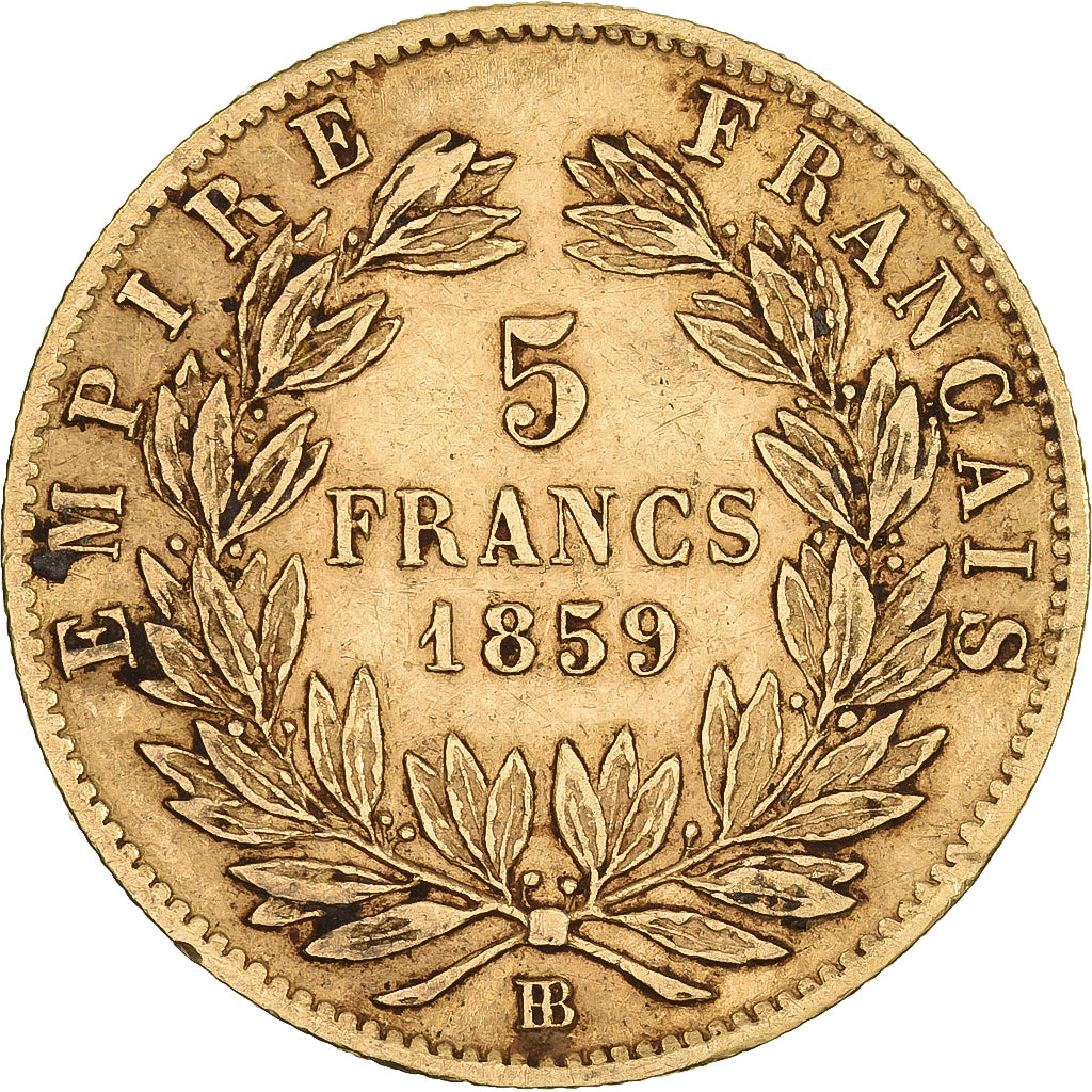 Francja, Napoleon III, 5 Francs, Napoléon III, 1859, Strasbourg, Złoto