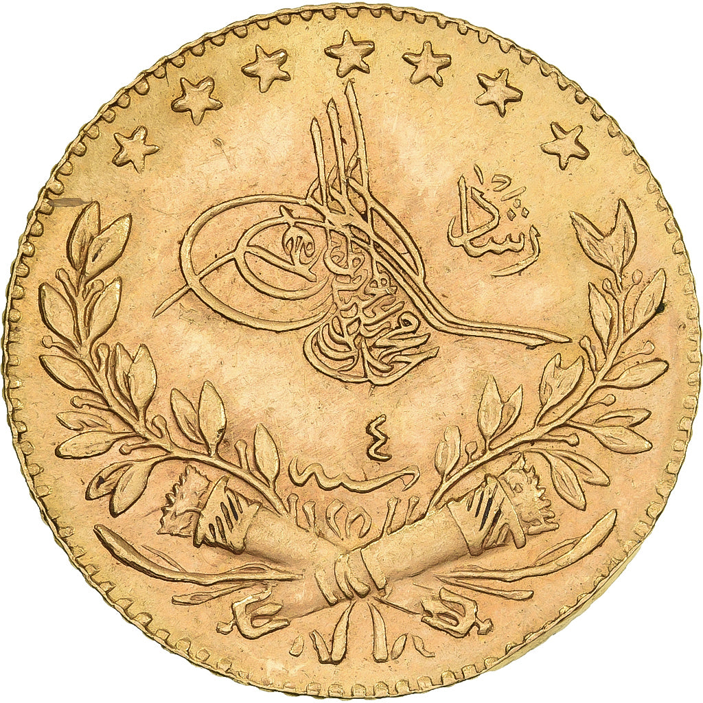 Turkey, Muhammad V, 25 Kurush, 1912, Qustantiniyah, Gold, AU(55-58), KM:773