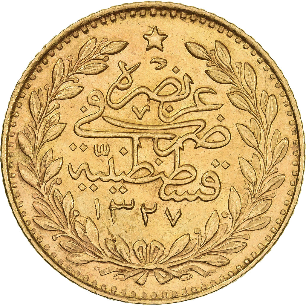 Turkey, Muhammad V, 25 Kurush, 1912, Qustantiniyah, Gold, AU(55-58), KM:773