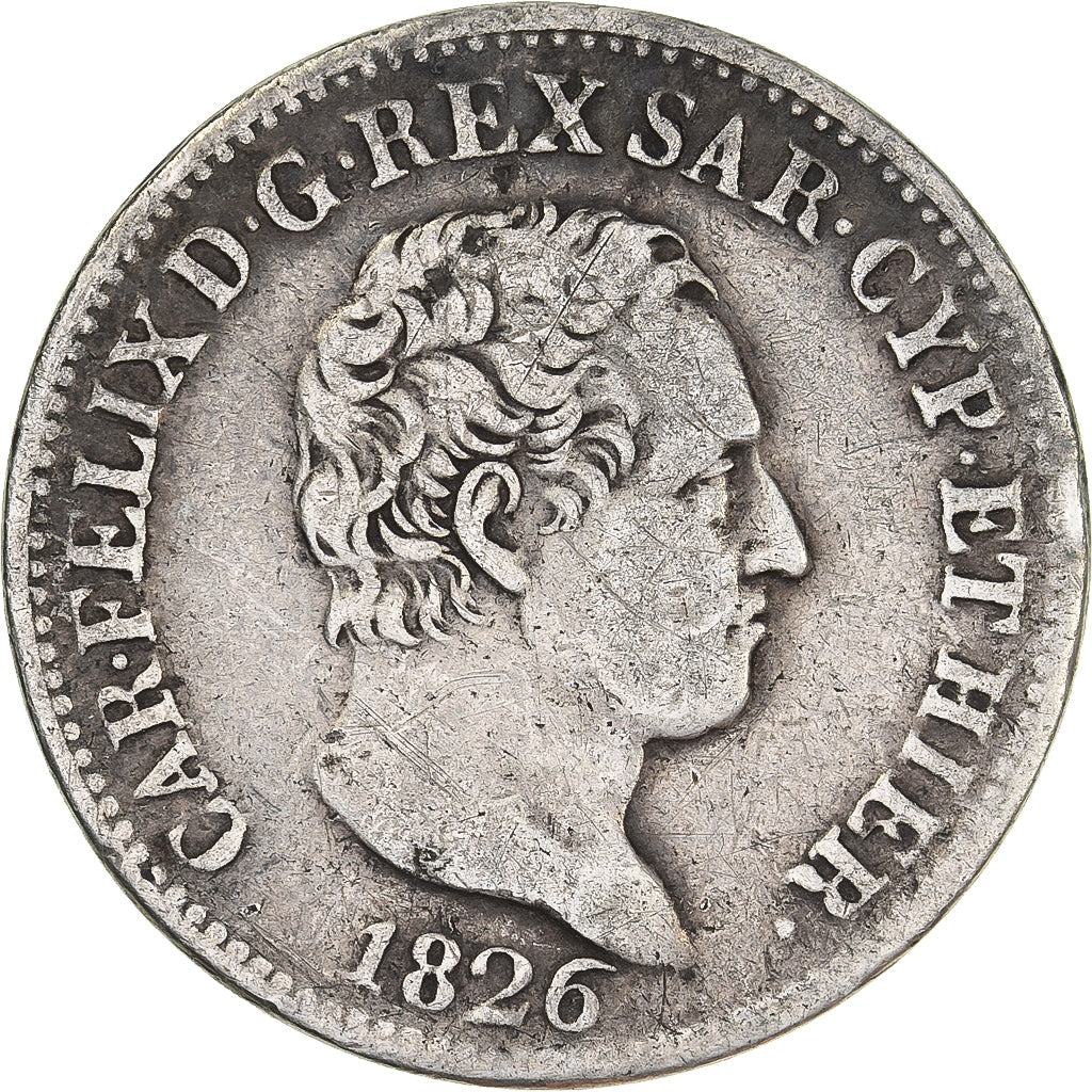 Estados italianos, SARDINIA, Carlo Felice, 50 Centesimi, 1826, Torino, Plata