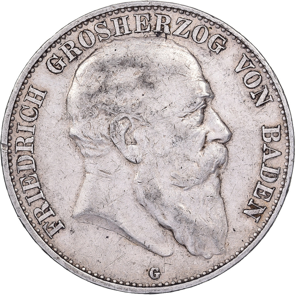 Estados alemanes, BADEN, Friedrich I, 5 Mark, 1907, Plata, MBC, KM:274