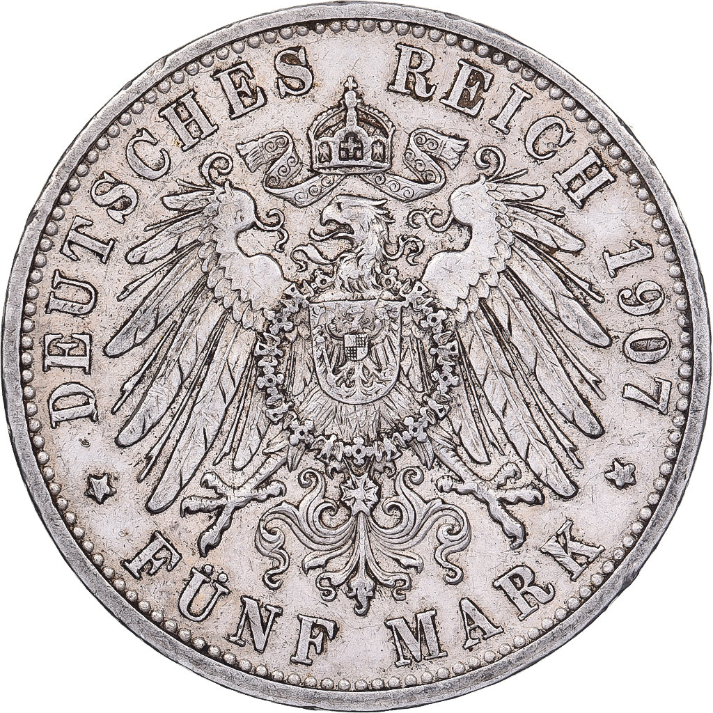 Estados alemanes, BADEN, Friedrich I, 5 Mark, 1907, Plata, MBC, KM:274