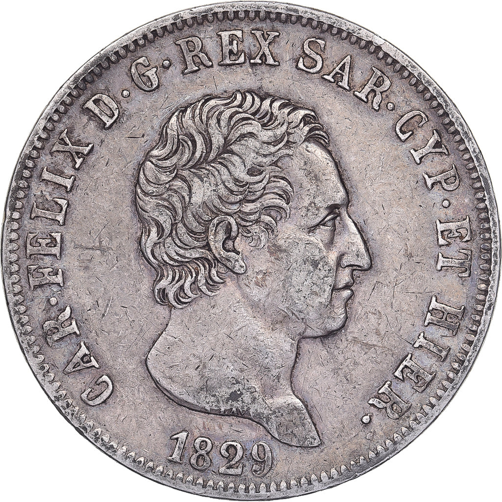 Kingdom of Sardinia, Carlo Felice, 5 Lire, 1829, Genoa, Srebro, AU(50-53)