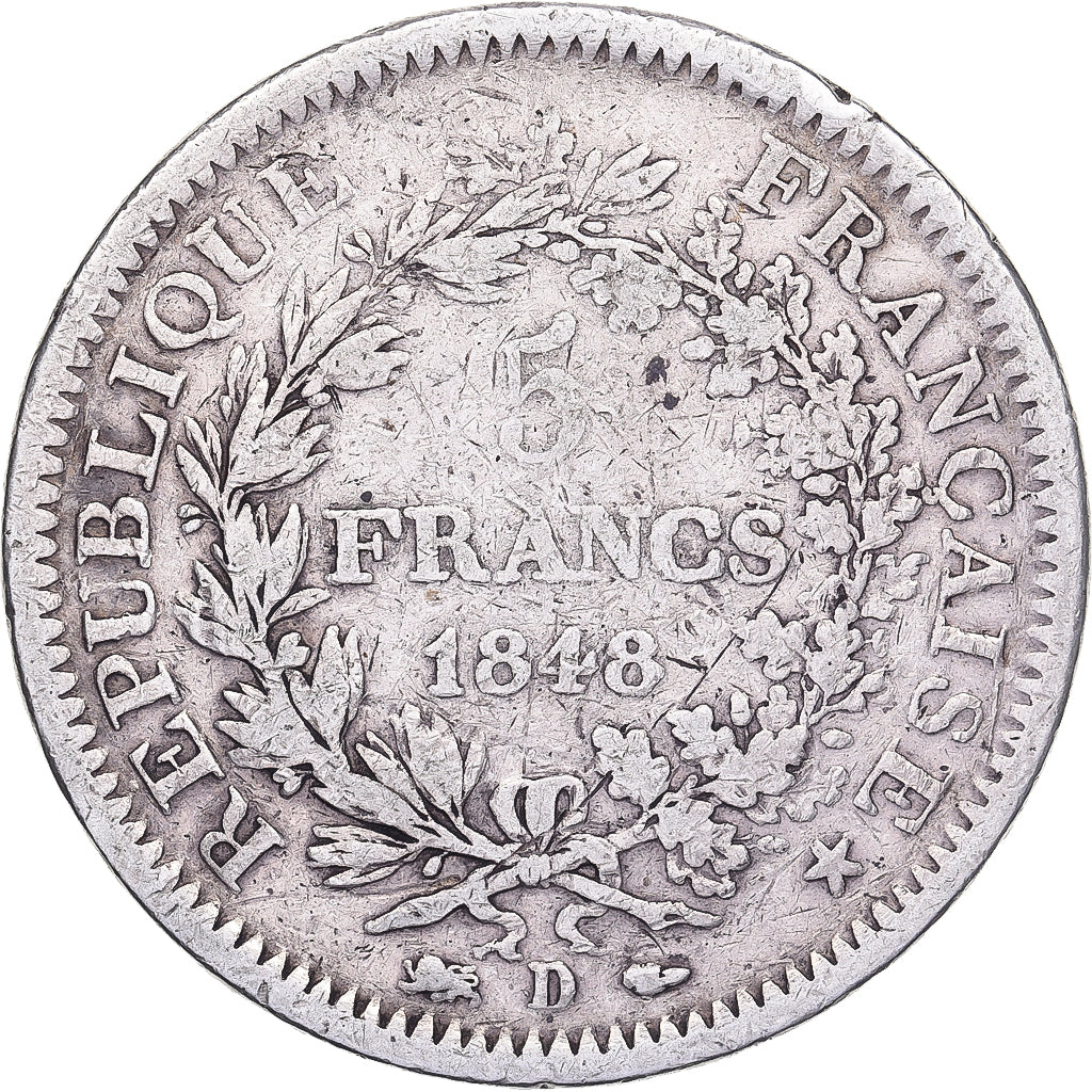 Francja, 5 Francs, Hercule, 1848, Lyon, Srebro, VF(20-25), KM:756.3