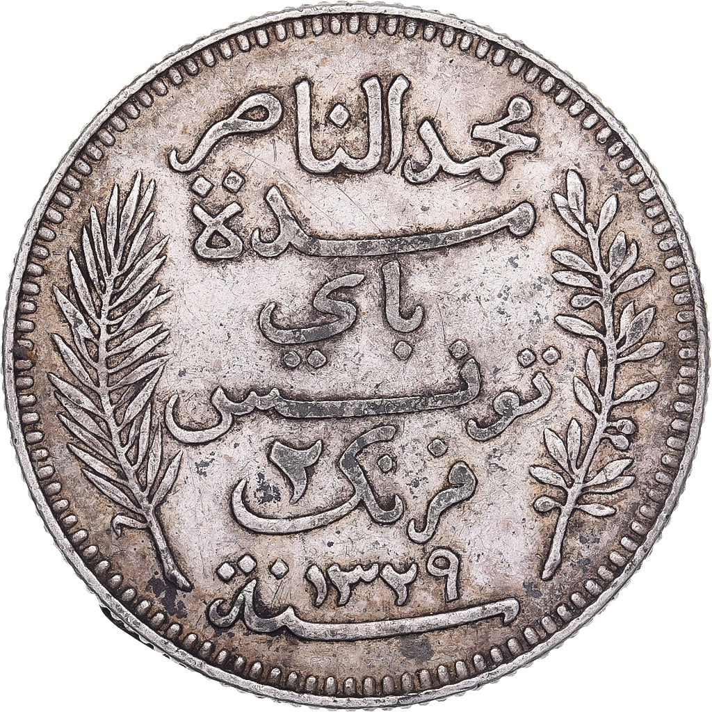 Tunisië, Muhammad al-Nasir Bey, 2 Francs, 1911, Paris, Zilver, ZF, KM:239