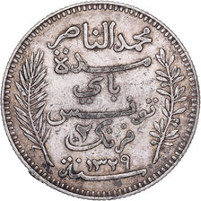 Tunisië, Muhammad al-Nasir Bey, 2 Francs, 1911, Paris, Zilver, ZF, KM:239