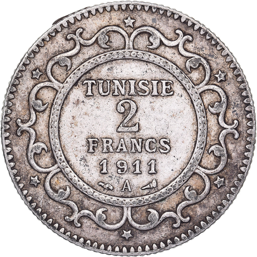 Tunisië, Muhammad al-Nasir Bey, 2 Francs, 1911, Paris, Zilver, ZF, KM:239