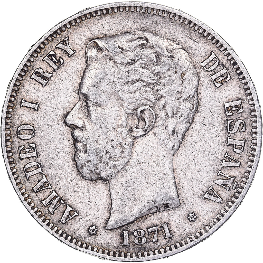 Moeda, Espanha, Amadeao I, 5 Pesetas, 1871, Madrid, EF(40-45), Prata, KM:666