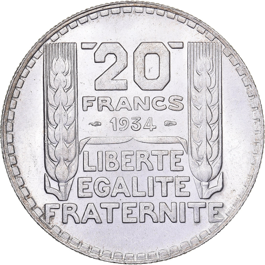 France, 20 Francs, Turin, 1934, Paris, Silver, MS(60-62), Gadoury:852, KM:879