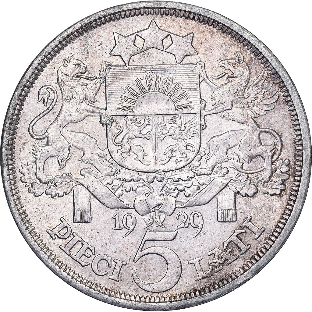 Latvia, 5 Lati, 1929, Silver, AU(50-53), KM:9