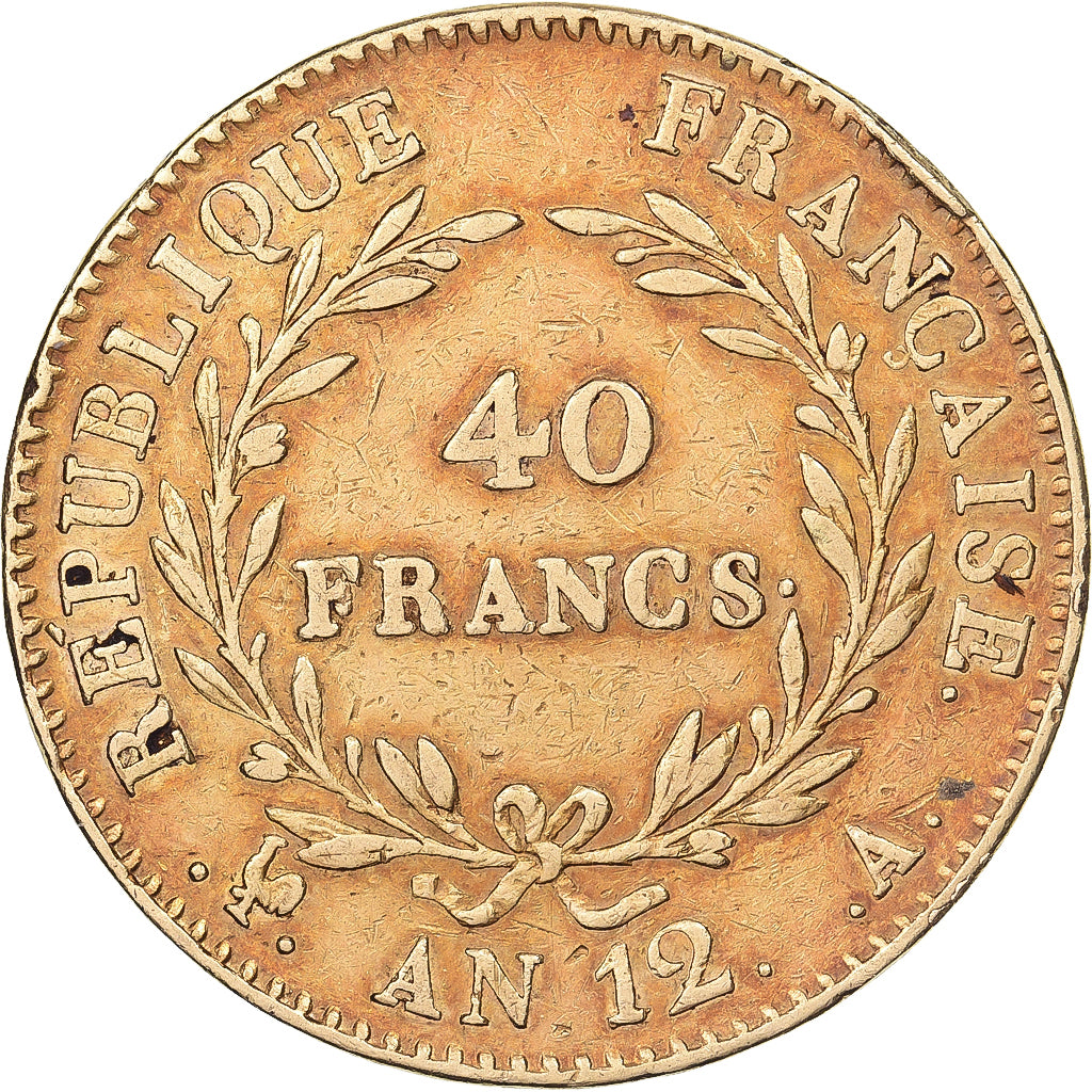 Francja, 40 Francs, Napoléon I, An 12 (1804), Paris, Złoto, AU(50-53), KM:652
