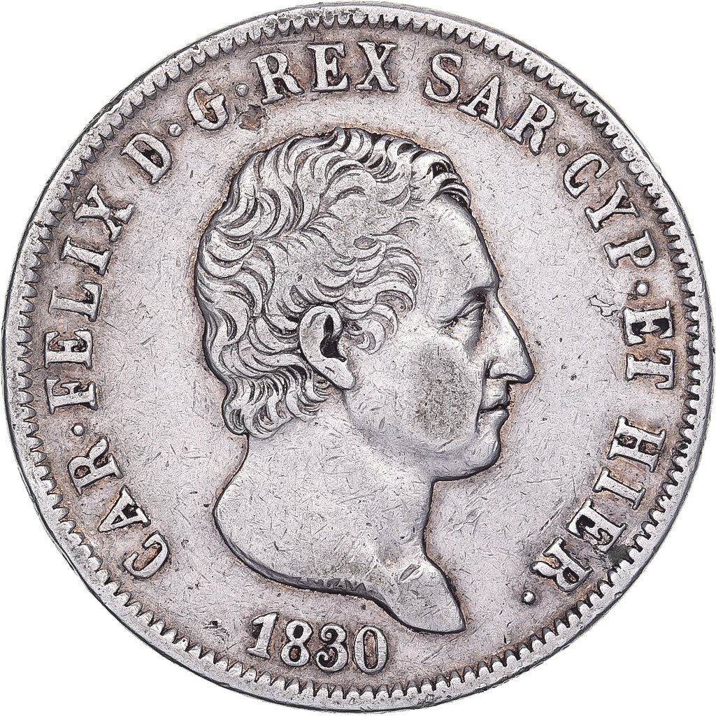 États italiens, SARDINIA, Carlo Felice, 5 Lire, 1830, Genoa, Argent, TB+
