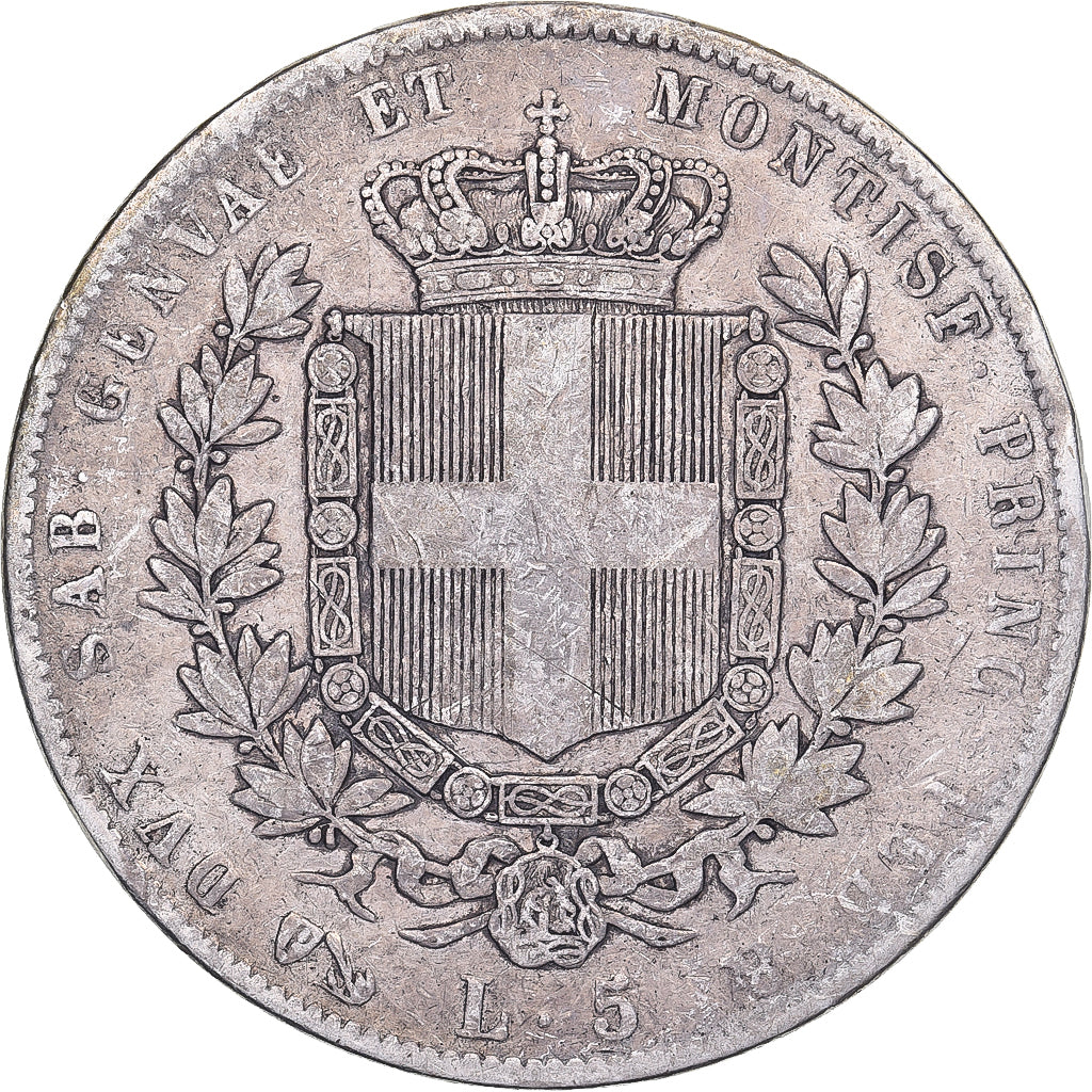 Italian States, SARDINIA, Vittorio Emanuele II, 5 Lire, 1859, Genoa, Silver