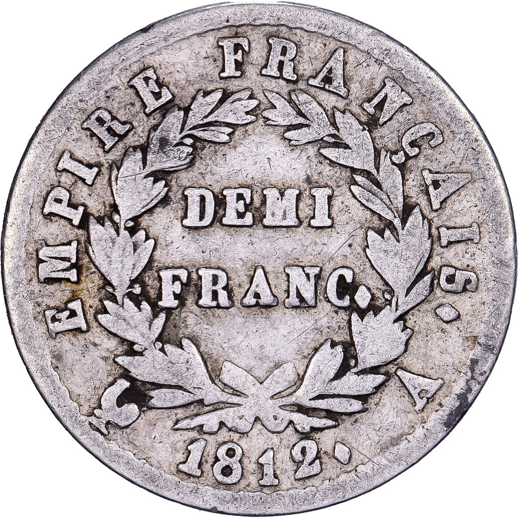 Francia, 1/2 Franc, Napoléon I, 1812, Paris, Plata, BC+, Gadoury:399, KM:691.1