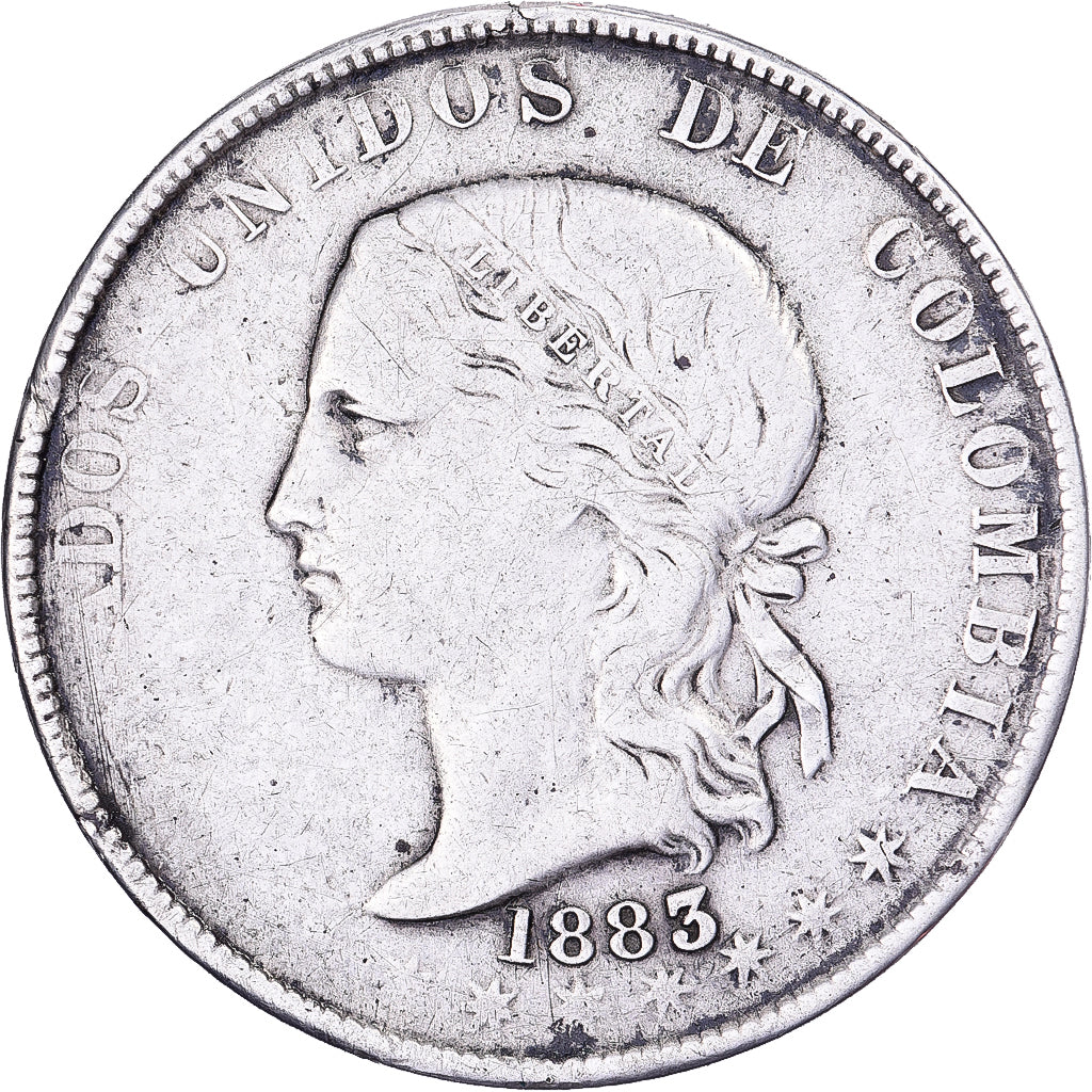 Colombia, 5 Decimos, '1883, Medellin, Argento, MB, KM:161.1