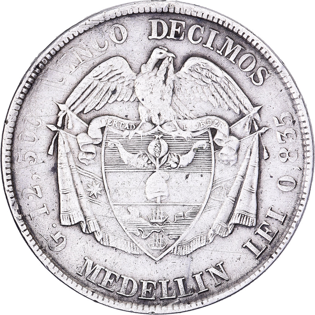 Colombia, 5 Decimos, '1883, Medellin, Argento, MB, KM:161.1