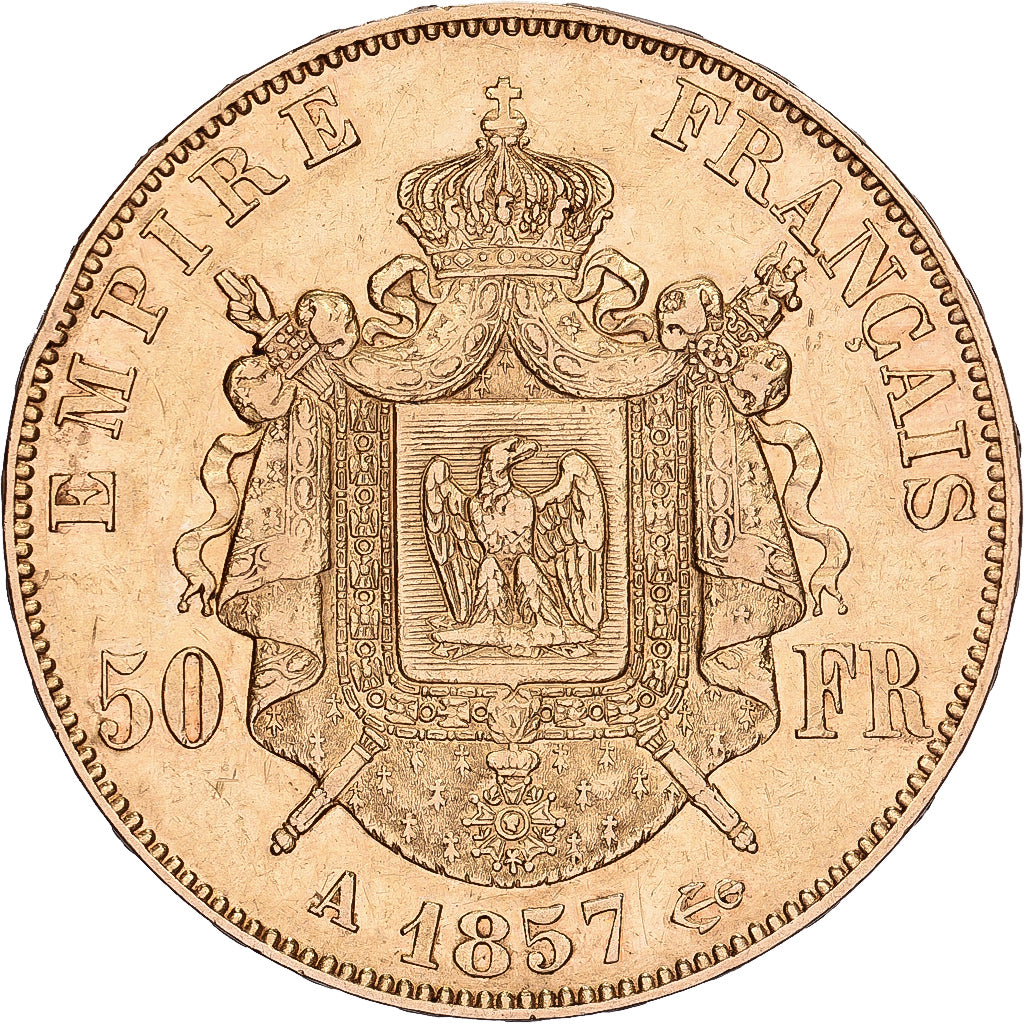 Francia, Napoleon III, 50 Francs, Napoléon III, 1857, Paris, Oro, MBC, KM:785.1