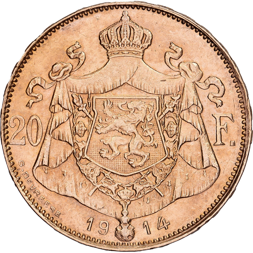 Belgien, 20 Francs, 20 Frank, 1914, Gold, SS, KM:79