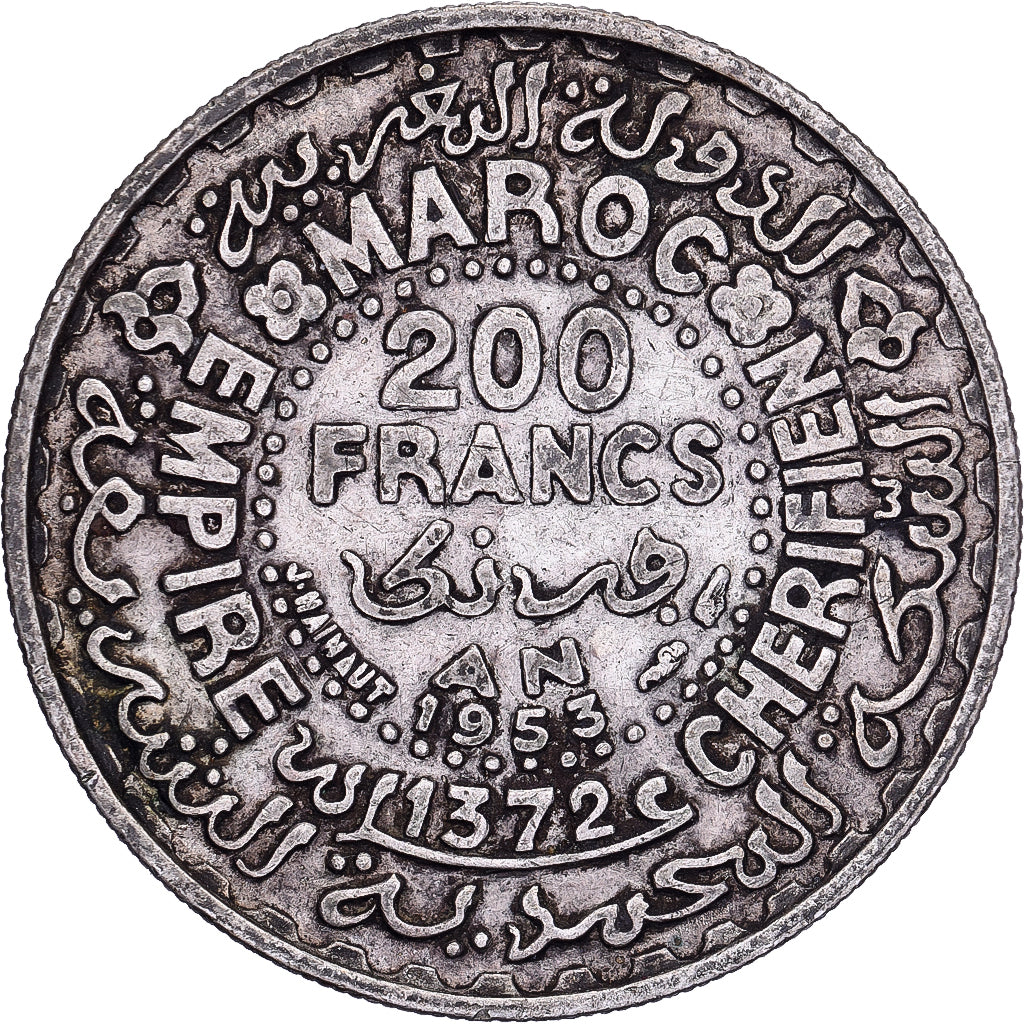 Marocco, Mohammed V, 200 Francs, AH 1372/1953, Paris, Argento, BB, KM:53