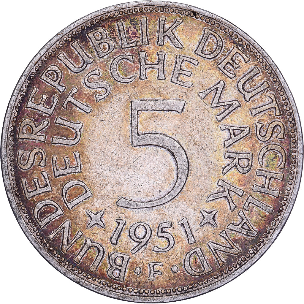 ALEMANIA - REPÚBLICA FEDERAL, 5 Mark, 1951, Stuttgart, Plata, MBC+, KM:112.1
