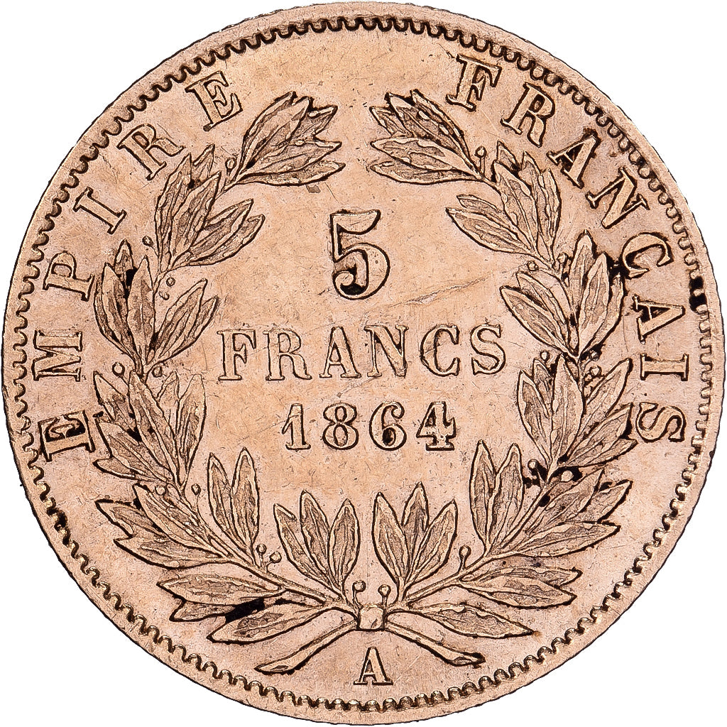 França, Napoleon III, 5 Francs, Napoléon III, 1864, Paris, Dourado, EF(40-45)