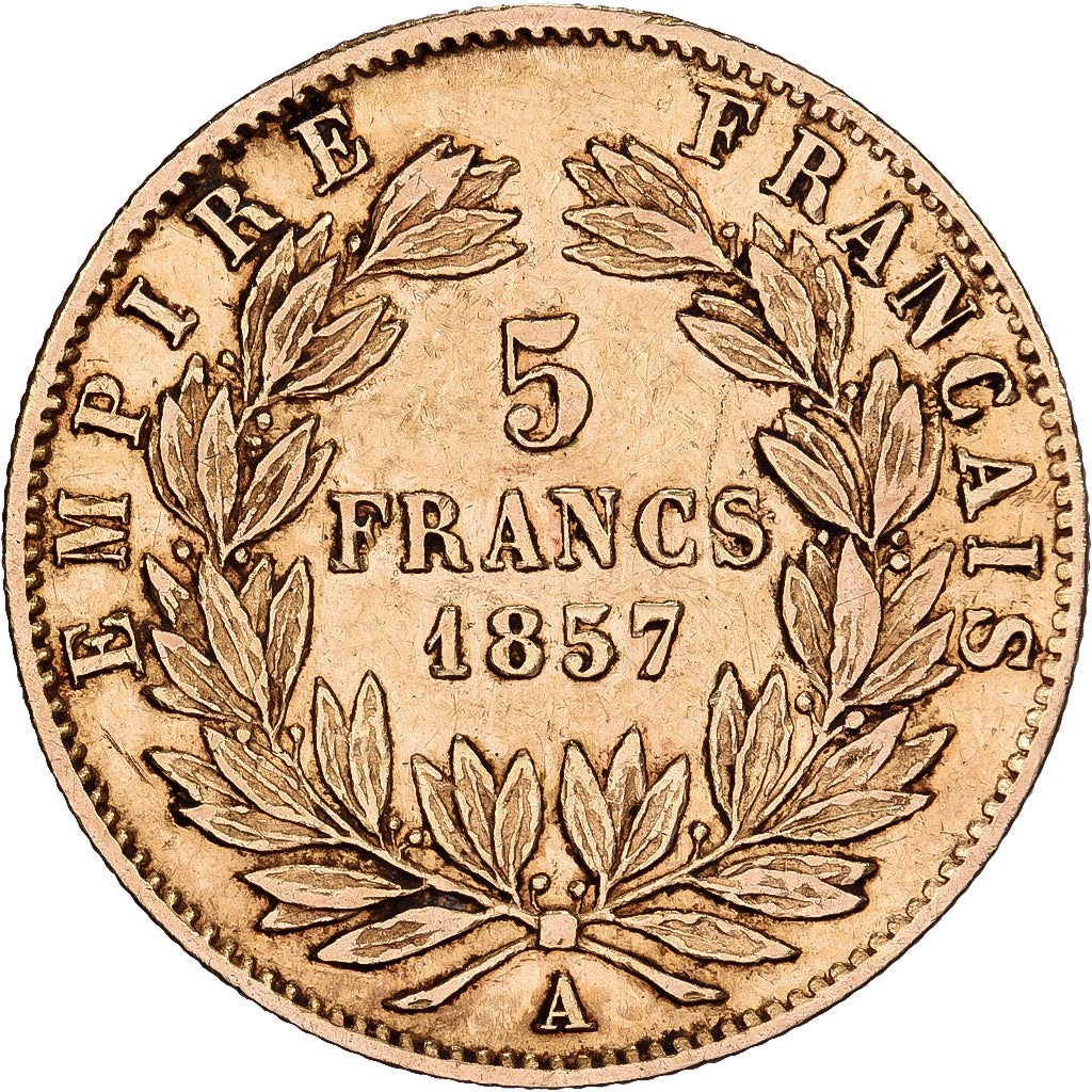 Francia, Napoleon III, 5 Francs, 1857, Paris, Oro, MB+, Gadoury:1001, KM:787.1