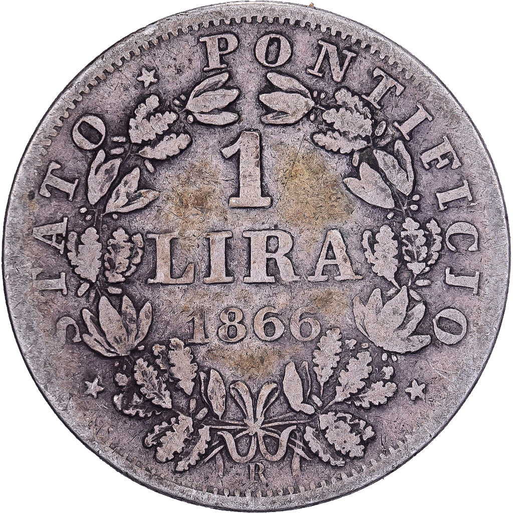 CITTÀ DEL VATICANO, PAPAL STATES, Pius IX, 1 Lire, 1866, Rome, Argento, B+