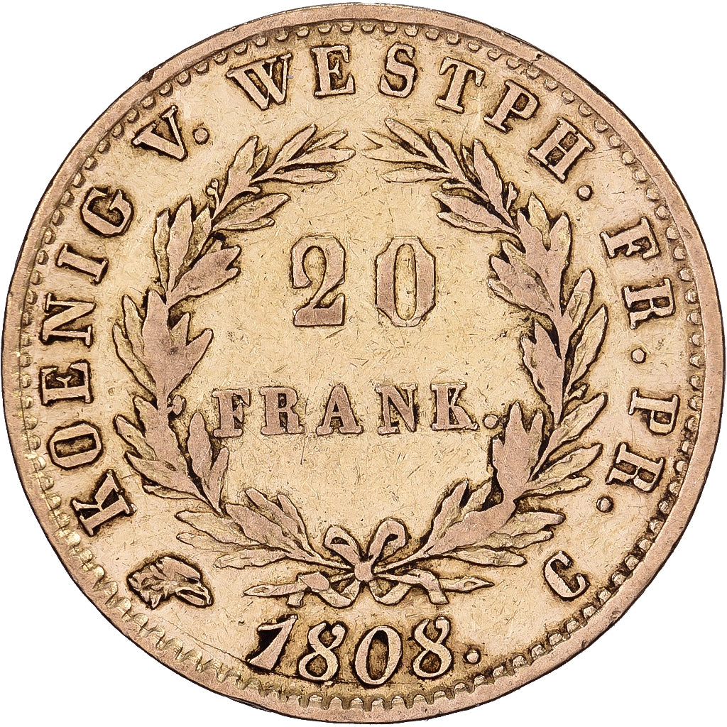 Stati tedeschi, WESTPHALIA, Jerome, 20 Franken, 1808, Kassel, Oro, BB, KM:103