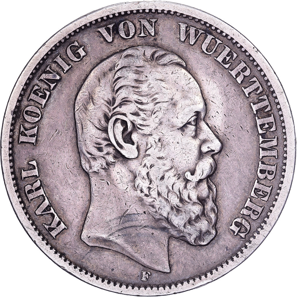 Estados Alemães, WURTTEMBERG, Karl I, 5 Mark, 1876, Freudenstadt, Prata
