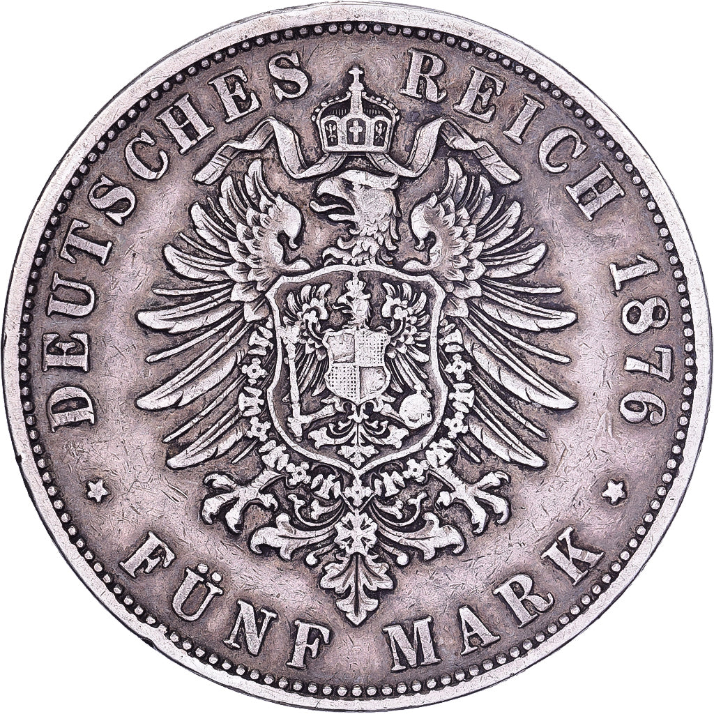 Estados Alemães, WURTTEMBERG, Karl I, 5 Mark, 1876, Freudenstadt, Prata