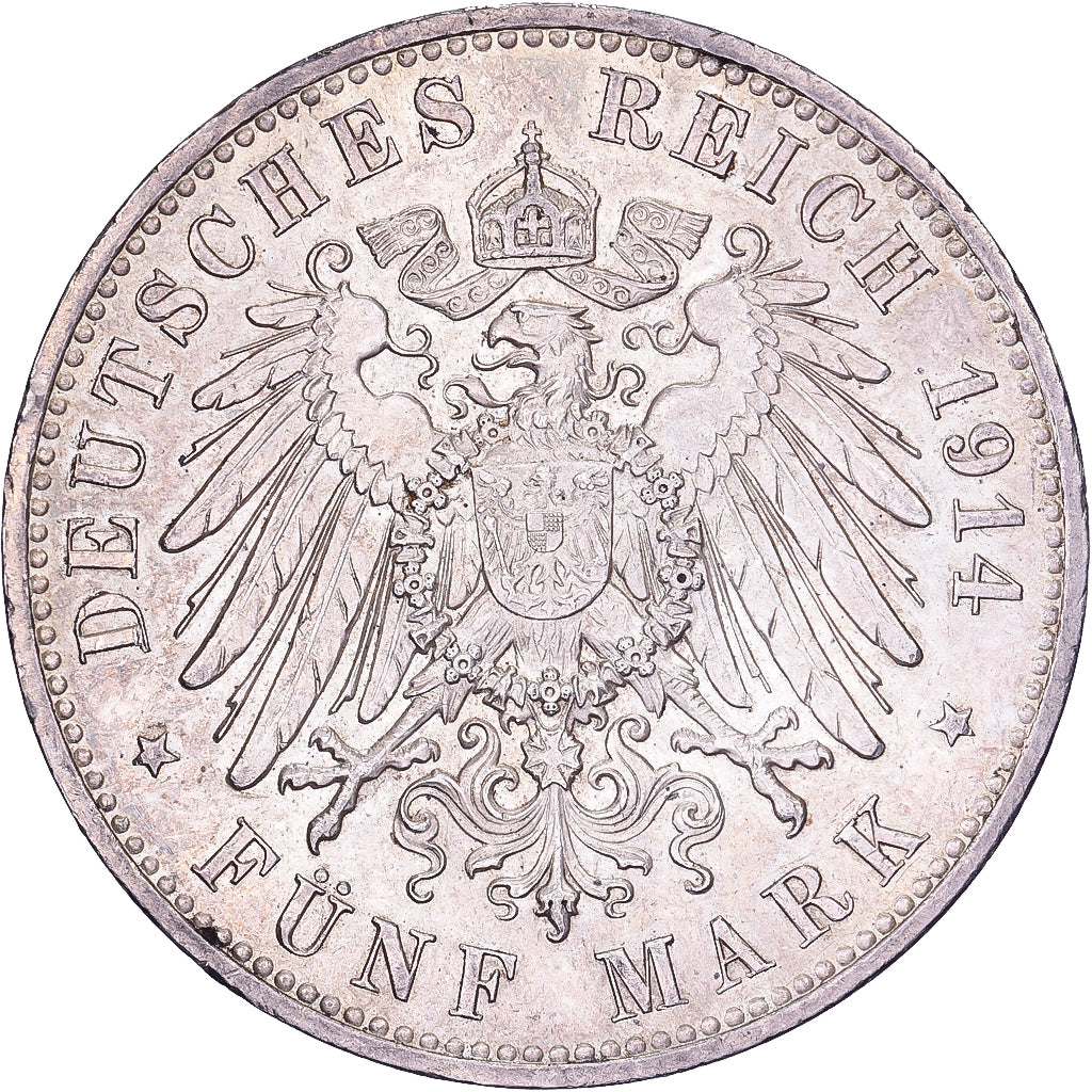 Landy niemieckie, PRUSSIA, Wilhelm II, 5 Mark, 1914, Berlin, Srebro, AU(55-58)