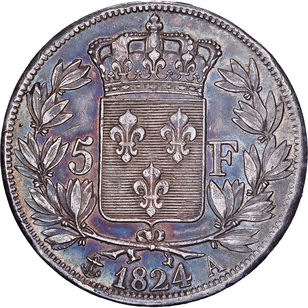 Francia, Louis XVIII, 5 Francs, 1824, Paris, Plata, MBC, Gadoury:614, KM:711.1