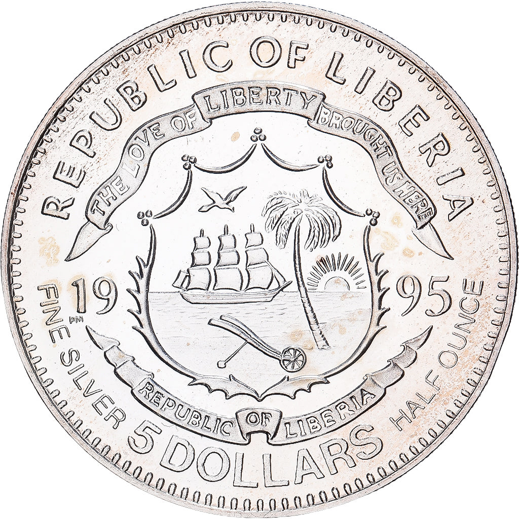 Liberia, 5 Dollars, 1995, Silver, MS(60-62), KM:562