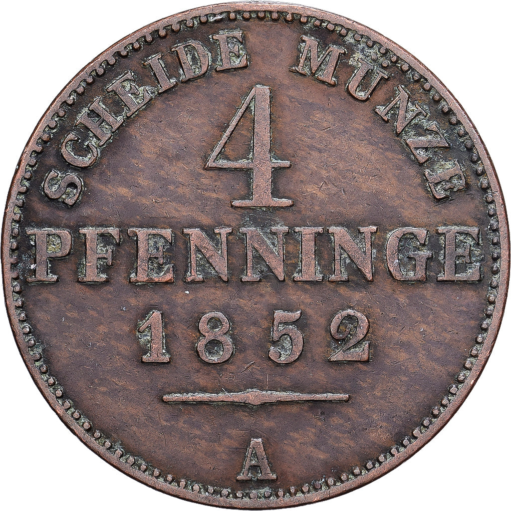 Estados alemanes, PRUSSIA, Friedrich Wilhelm IV, 4 Pfennig, 1852, Berlin, Cobre