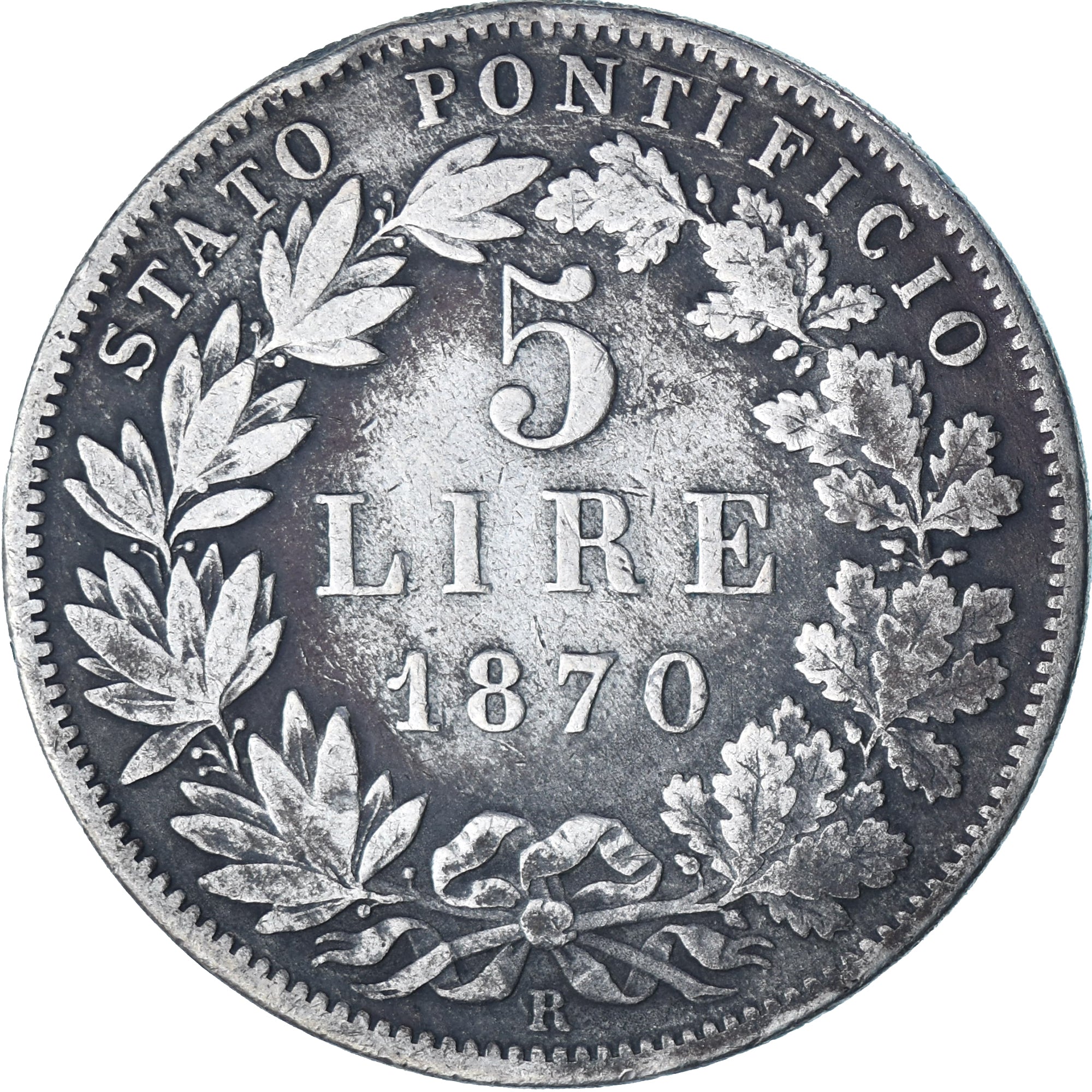 Vatikan, PAPAL STATES, Pius IX, 5 Lire, 1870, Rome, Silber, SS, KM:1385