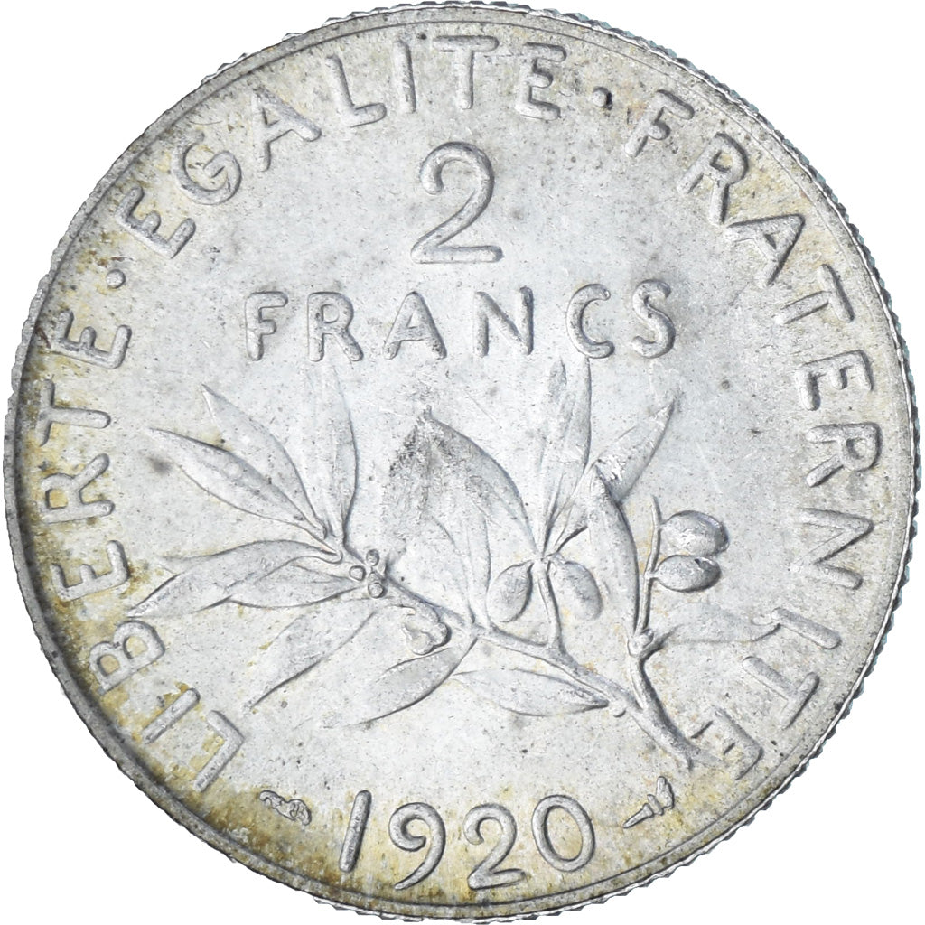 France, 2 Francs, Semeuse, 1920, Paris, Silver, MS(60-62), Gadoury:532, KM:845.1