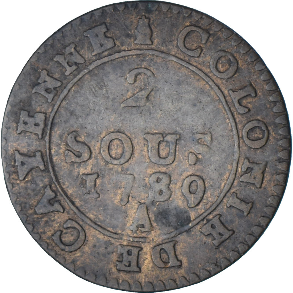 Guyana, Louis XVI, 2 Sous, Colonie de Cayenne, 1789, Paris, Copper, VF(30-35)