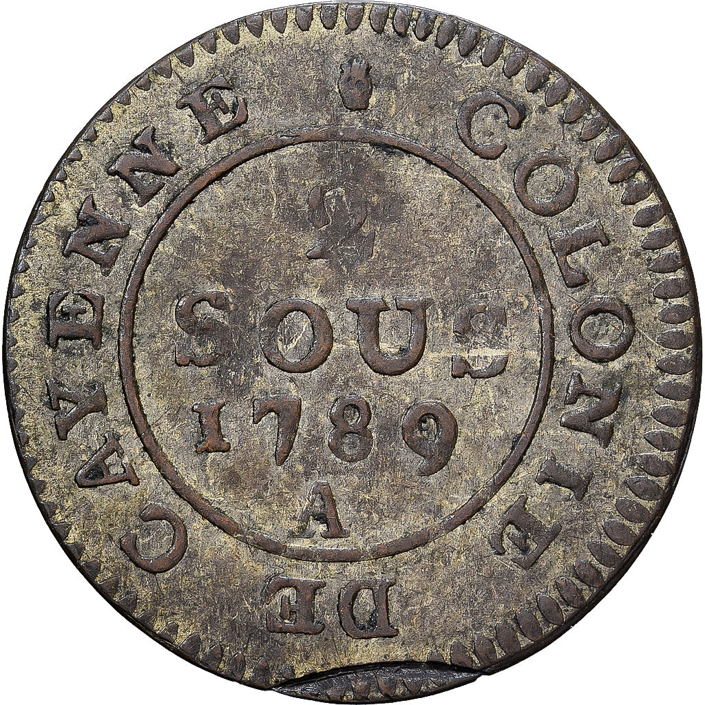 Guyana, Louis XVI, 2 Sous, Colonie de Cayenne, 1789, Paris, Copper, VF(30-35)