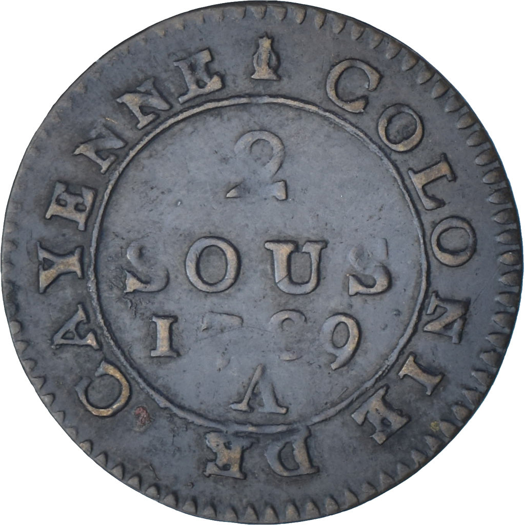 Guyana, Louis XVI, 2 Sous, Colonie de Cayenne, 1789, Paris, Copper, EF(40-45)