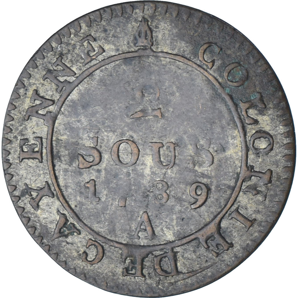 Guyana, Louis XVI, 2 Sous, Colonie de Cayenne, 1789, Paris, Copper, EF(40-45)