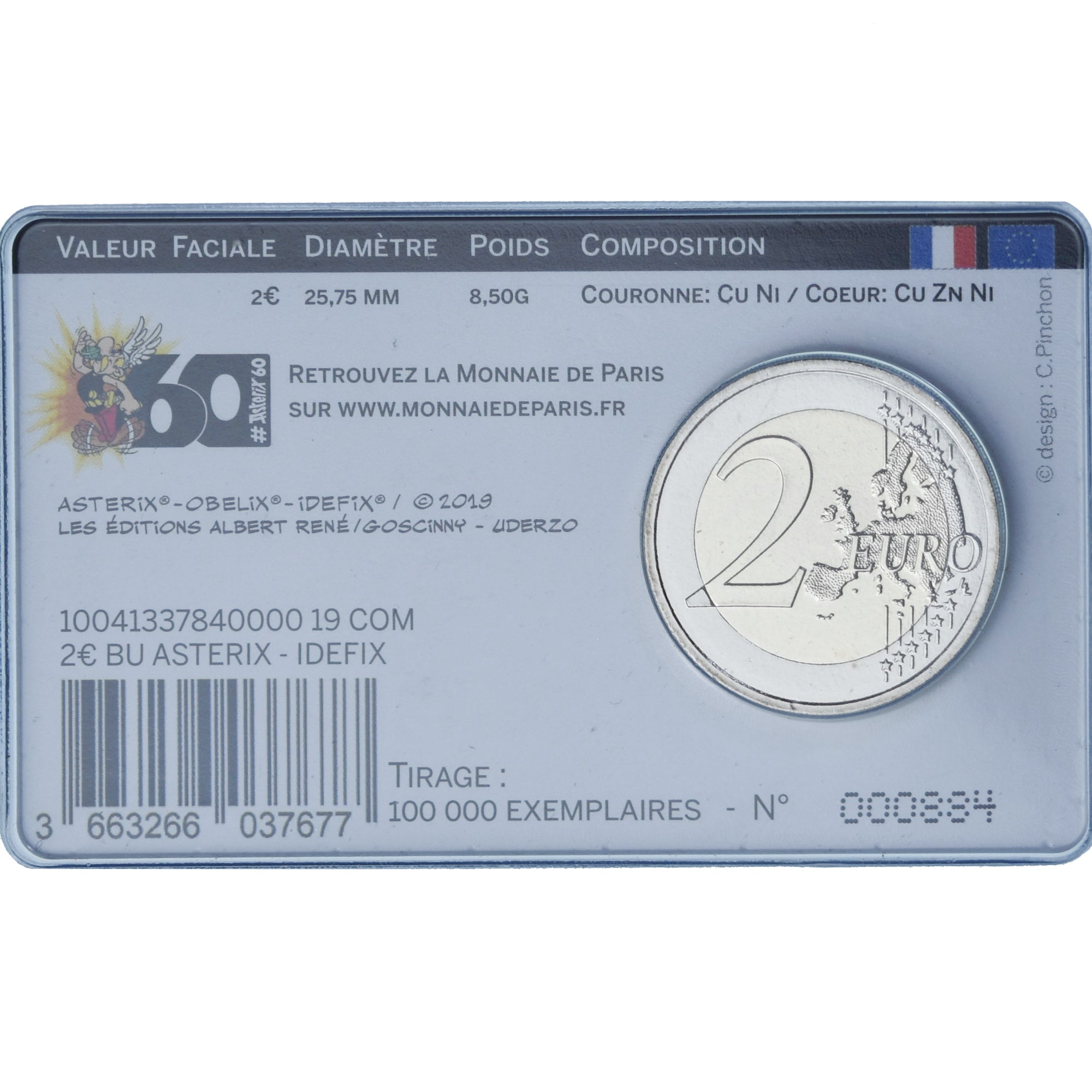 Francia, 2 Euro, 60 ans d'Astérix, 2019, Paris, FDC, Bi-metallico