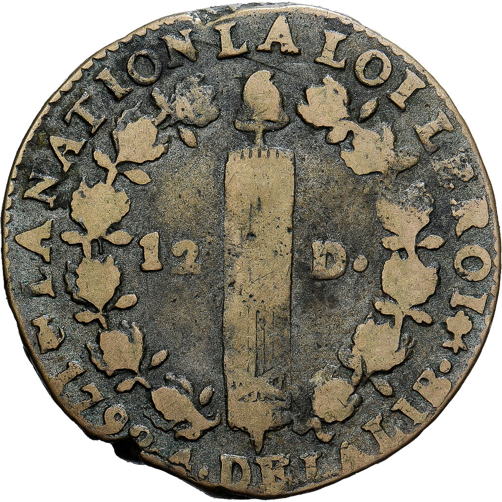 Francia, Louis XVI, 12 Deniers, 1792 / AN 4, Saumur, Cobre, BC+, Gadoury:15