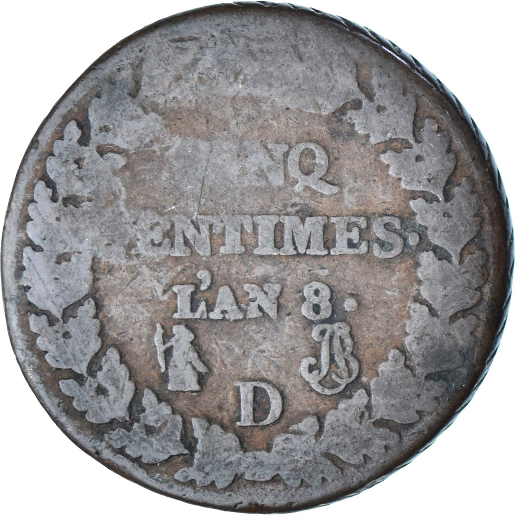 França, 5 Centimes, Dupré, AN 8, Lyon, Cobre, F(12-15), Gadoury:126a